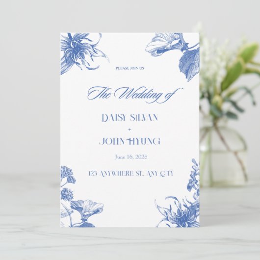 Navy Blauw en Wit Chinoiserie Bruiloft Kaart (Staand voorkant)