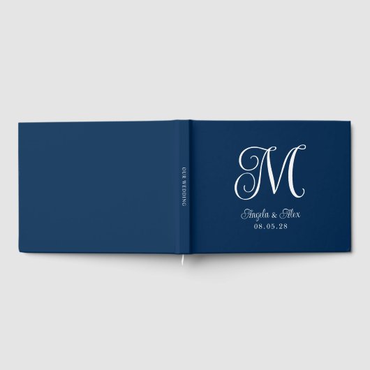 Navy Blauw en Wit Curly Bruiloft Monogram Gastenboek (Volledig)