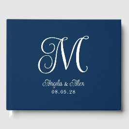 Navy Blauw en Wit  Curly Bruiloft Monogram Gastenboek