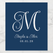 Navy Blauw en Wit  Curly Bruiloft Monogram Wijn Etiket (Enkel label)