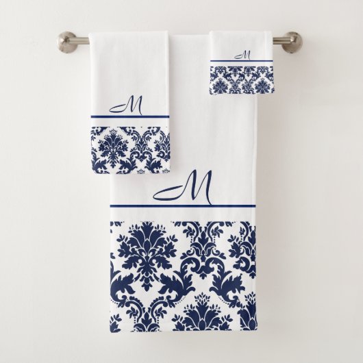 Navy-blauw en wit damasks 2 monogram ba bad handdoek (Insitu)