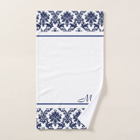 Navy-blauw en wit damasks 2 monogram ba bad handdoek (Handdoek)