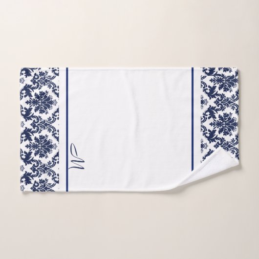Navy-blauw en wit  damasks 2 monogram ba bad handdoek (Handdoek)