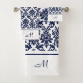 Navy-blauw en wit  damasks 3 monogram bad handdoek (Insitu)