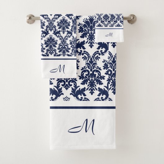 Navy-blauw en wit  damasks 3 monogram bad handdoek (Insitu)