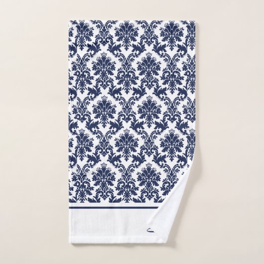 Navy-blauw en wit  damasks 3 monogram bad handdoek (Handdoek)