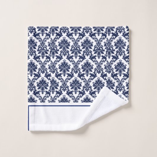 Navy-blauw en wit  damasks 3 monogram bad handdoek (Wasdoekje)