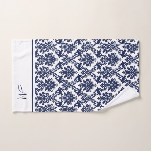 Navy-blauw en wit  damasks 3 monogram bad handdoek (Handdoek)