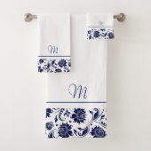 Navy-blauw en wit damast monogram bad handdoek (Insitu)