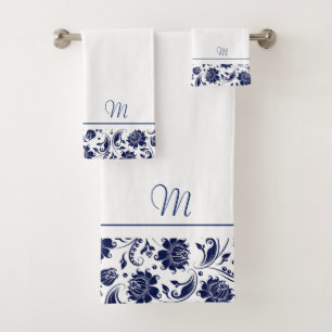 Navy-blauw en wit damast monogram bad handdoek