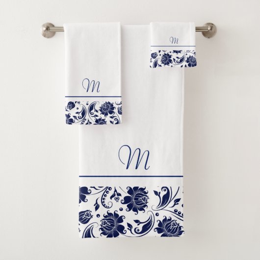 Navy-blauw en wit damast monogram bad handdoek (Insitu)