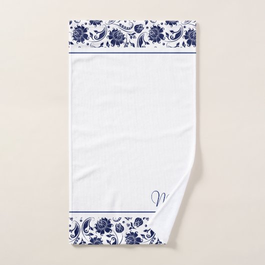 Navy-blauw en wit  damast monogram bad handdoek (Handdoek)