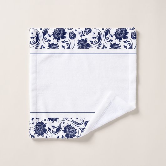 Navy-blauw en wit damast monogram bad handdoek (Wasdoekje)