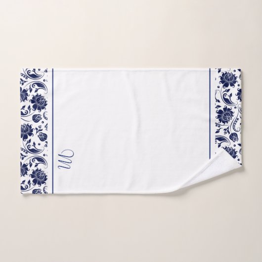 Navy-blauw en wit damast monogram bad handdoek (Handdoek)