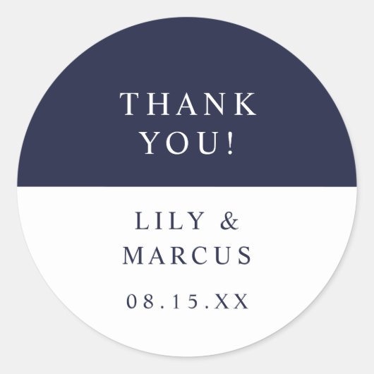 Navy blauw en wit dank je voor de bruiloft gunst ronde sticker (Voorkant)