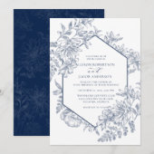 Navy Blauw en Wit Geometrische Bloemen Bruiloft Kaart (Voorkant / Achterkant)