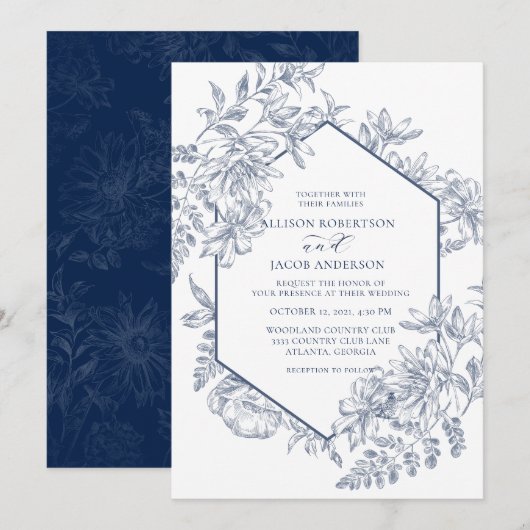 Navy Blauw en Wit Geometrische Bloemen Bruiloft Kaart (Voorkant / Achterkant)