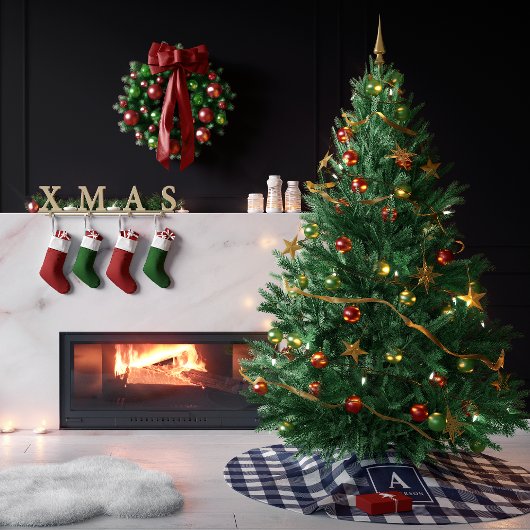 Navy blauw en wit Gingham geruite monogram Kerstboom Rok