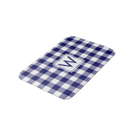 Navy Blauw en Wit Gingham Patroon met Monogram Badmat