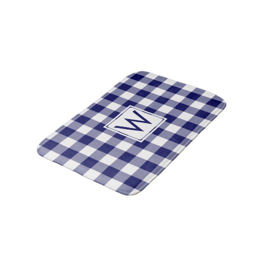 Navy Blauw en Wit Gingham Patroon met Monogram Badmat (Gekanteld)
