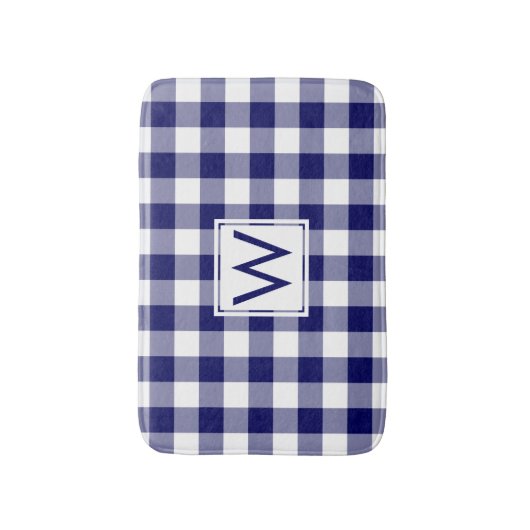 Navy Blauw en Wit Gingham Patroon met Monogram Badmat (Voorkant Verticaal)