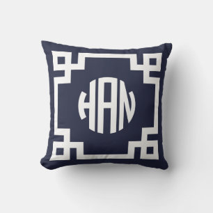 Navy Blauw en Wit Grieks Sleutelcirkel Monogram HA Kussen