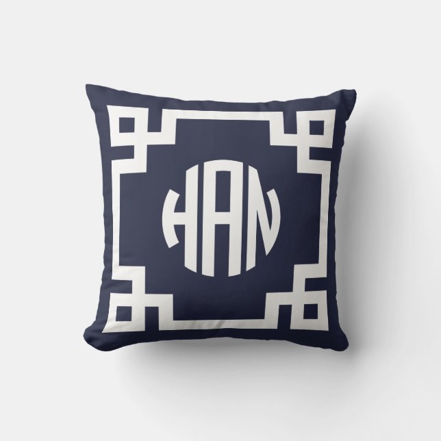 Navy Blauw en Wit Grieks Sleutelcirkel Monogram HA Kussen (Voorkant)