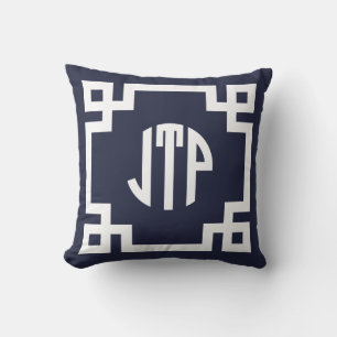 Navy Blauw en Wit Grieks Sleutelcirkel Monogram JT Kussen
