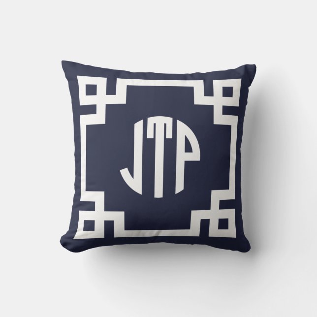Navy Blauw en Wit Grieks Sleutelcirkel Monogram JT Kussen (Voorkant)
