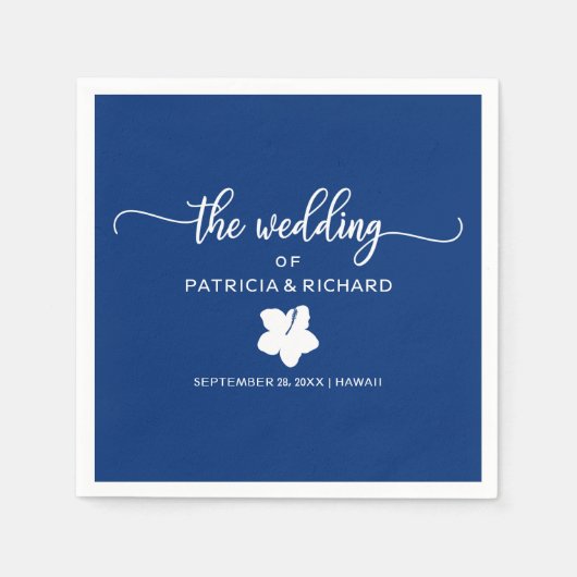 Navy Blauw en Wit Hibiscus Bestemming Bruiloft Servet (Voorkant)