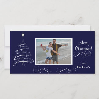 Navy Blauw en Wit Kerstmis Fotokaart Feestdagenkaart