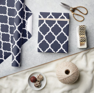 Navy Blauw en Wit Marokkaanse Quatrefoil Print Cadeaupapier