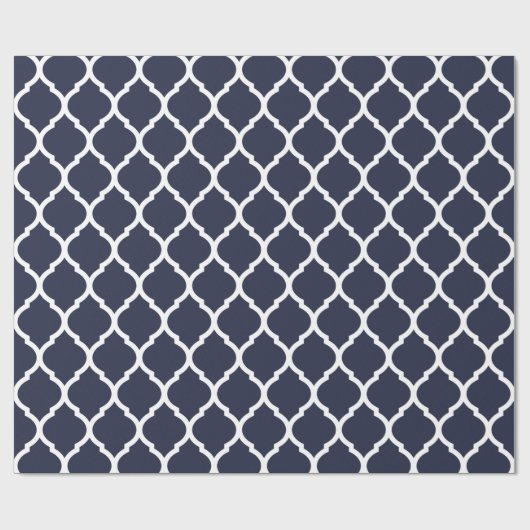 Navy Blauw en Wit Marokkaanse Quatrefoil Print Cadeaupapier (Vlak)