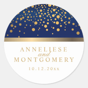 Navy blauw en wit met gouden Confetti Stippen Ronde Sticker