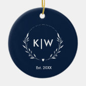 Navy Blauw en Wit | Modern Initialen Monogram Keramisch Ornament (Voorkant)