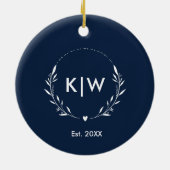 Navy Blauw en Wit | Modern Initialen Monogram Keramisch Ornament (Achterkant)