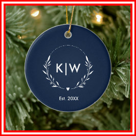 Navy Blauw en Wit | Modern Initialen Monogram Keramisch Ornament