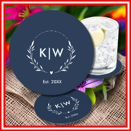 Navy Blauw en Wit | Modern Initialen Monogram Ronde Kartonnen Onderzetter
