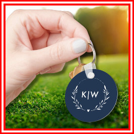 Navy Blauw en Wit | Modern Initialen Monogram Sleutelhanger