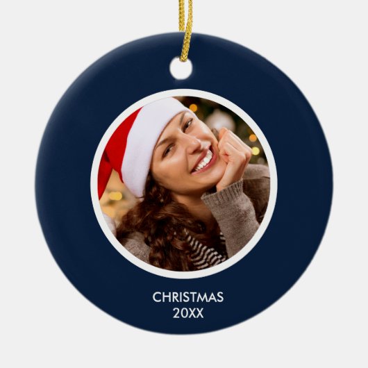 Navy blauw en wit | Moderne Initialen Monogram FOT Keramisch Ornament (Voorkant)