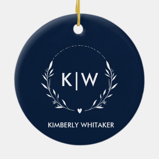 Navy blauw en wit | Moderne Initialen Monogram FOT Keramisch Ornament (Achterkant)