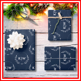 Navy Blauw en Wit | Moderne Initialen Monogram  Inpakpapier Vel