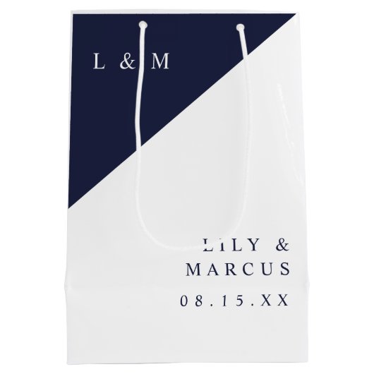 Navy blauw en wit Mongoram minimalistische bruilof Medium Cadeauzakje (Achterkant)