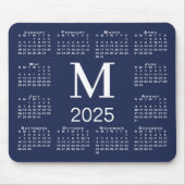 Navy Blauw en Wit Monogram 2025 Kalender Muismat (Voorkant)