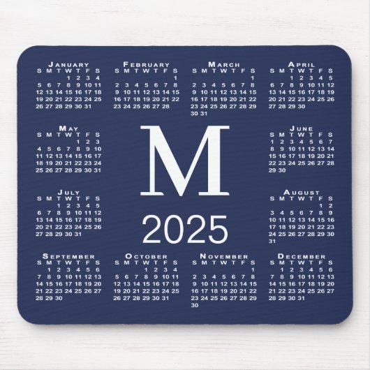 Navy Blauw en Wit Monogram 2025 Kalender Muismat (Voorkant)