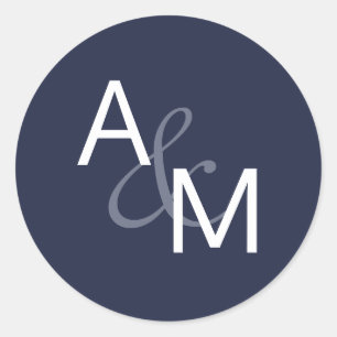 Navy Blauw en Wit Monogram Envelop Afdichtingen Ronde Sticker