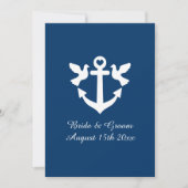 Navy blauw en wit nautisch anker logo bruiloft kaart (Voorkant)
