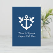 Navy blauw en wit nautisch anker logo bruiloft kaart (Staand voorkant)