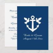 Navy blauw en wit nautisch anker logo bruiloft kaart (Voorkant / Achterkant)