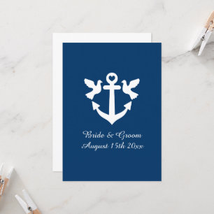 Navy blauw en wit nautisch anker logo bruiloft kaart